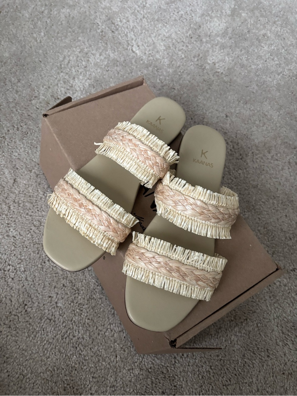 Kaanas Neutral Raffia Double-Strap Slide Sandals